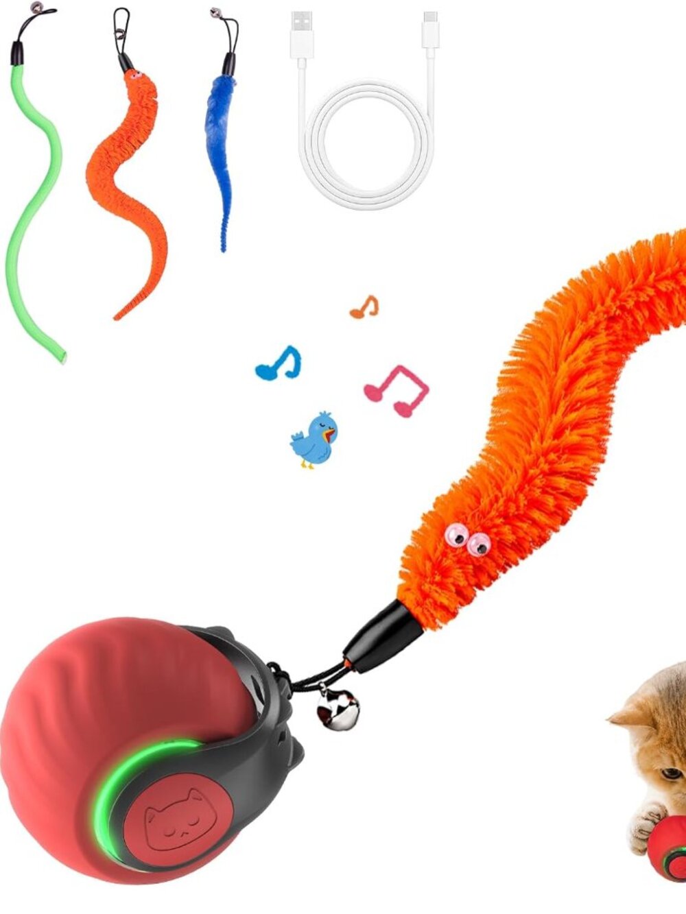Interactive Cat Toys with Bird Sounds & 3 Speed Modes Rechargeable Auto Rolling